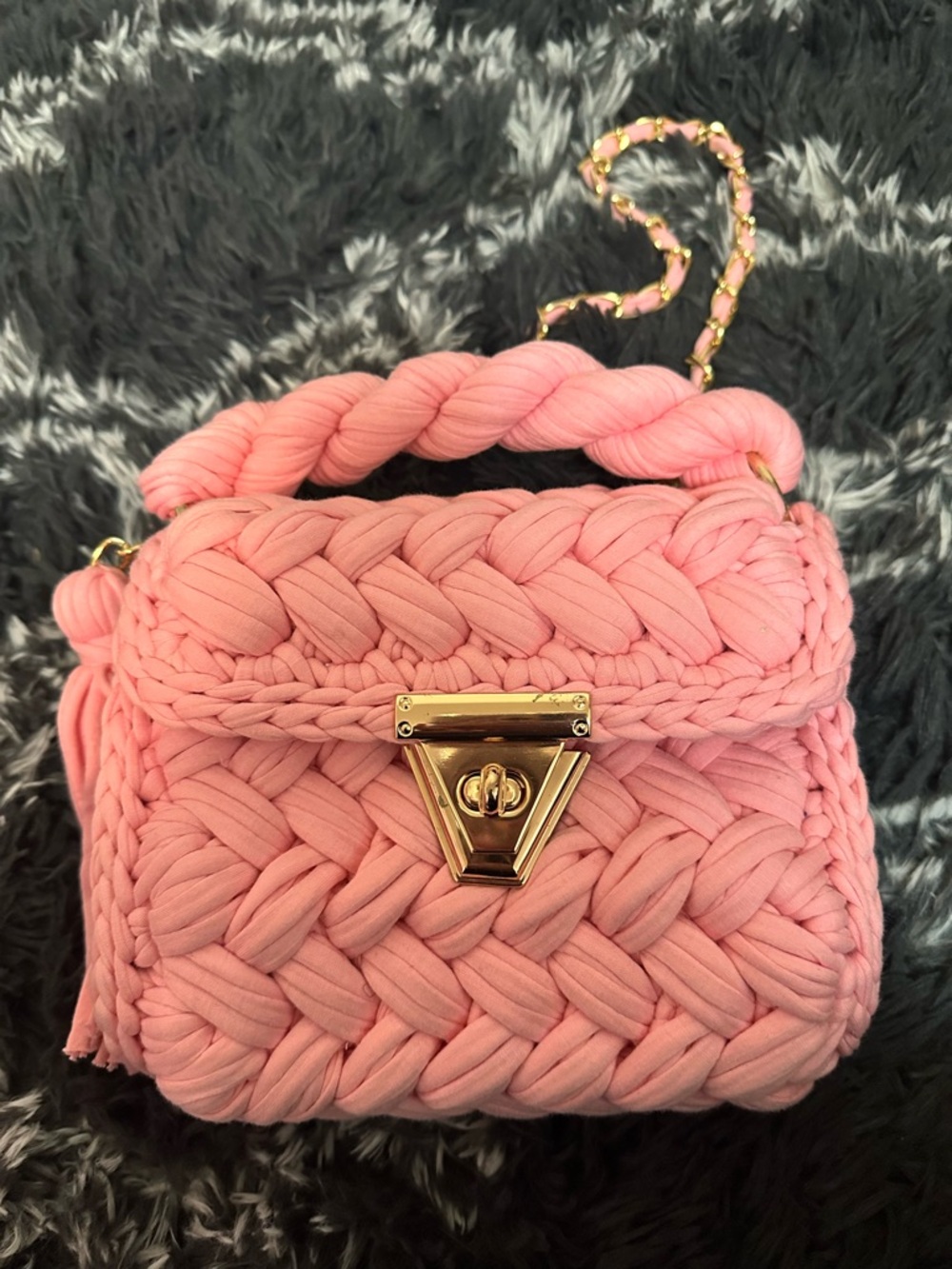 Pink Crochet Crossbody Bag with Gold Hardware